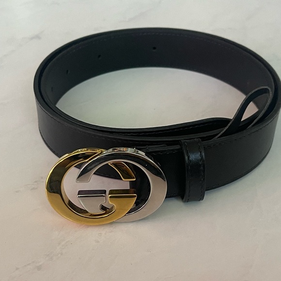 Gucci Black Leather Two-Tone Interlocking G Belt - Picture 9 of 9
